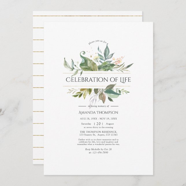 Serenity Greenery Geometric Celebration of Life Invitation (Front/Back)