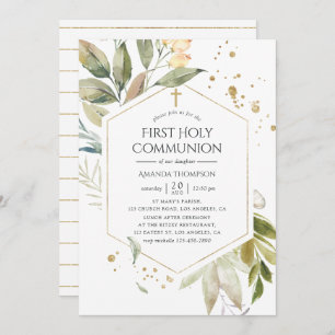 Serenity Greenery Geometric First Communion Invitation