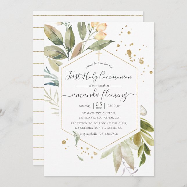 Serenity Greenery Geometric First Holy Communion Invitation (Front/Back)