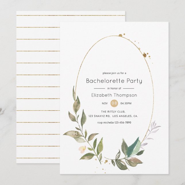Serenity Greenery Geometric Gold Bachelorette Invitation (Front/Back)