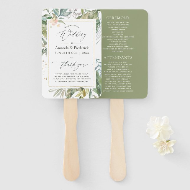 Serenity Greenery Geometric Wedding Program Hand Fan (Front and Back)
