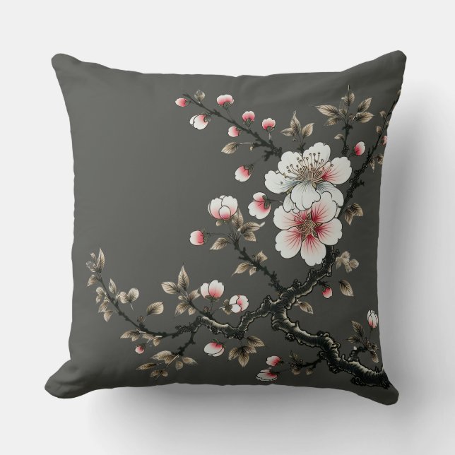 Serenity in Bloom Cherry Blossom Branch (grey) Cushion (Front)
