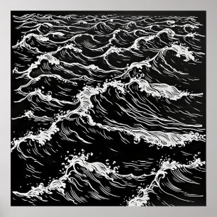 Serenity in Monochrome: Ocean Waves Linocut Poster