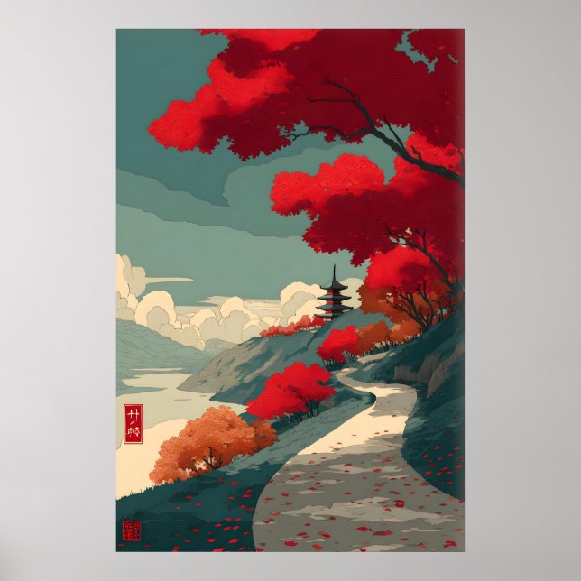 Serenity in Red Wall Art - Autumn Path with Pagoda (Front)