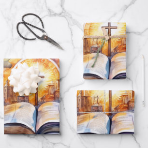 Serenity in Watercolor: Bible and Cross Wrapping Paper Sheet