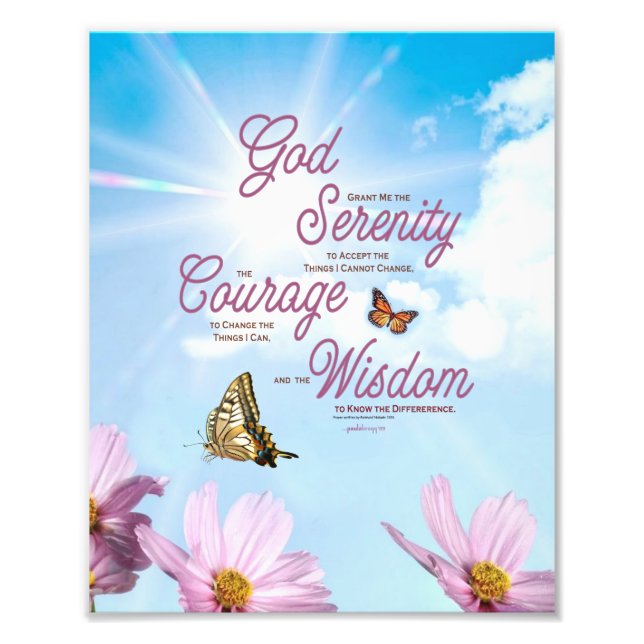 Serenity Prayer: Butterflies, Pink Flowers, Streng Photo Print (Front)