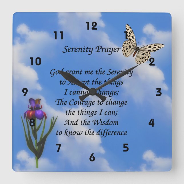 Serenity Prayer Butterfly Flower Inspirational Square Wall Clock (Front)