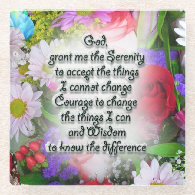 Serenity Prayer Inspiration in Floral Design Glass Coaster (Front)
