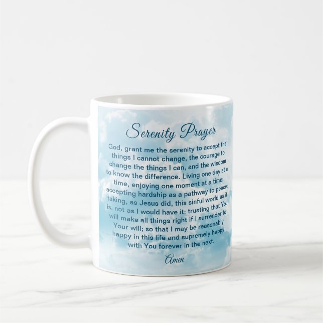 Serenity Prayer Mug with Blue Sky and Clouds (Left)
