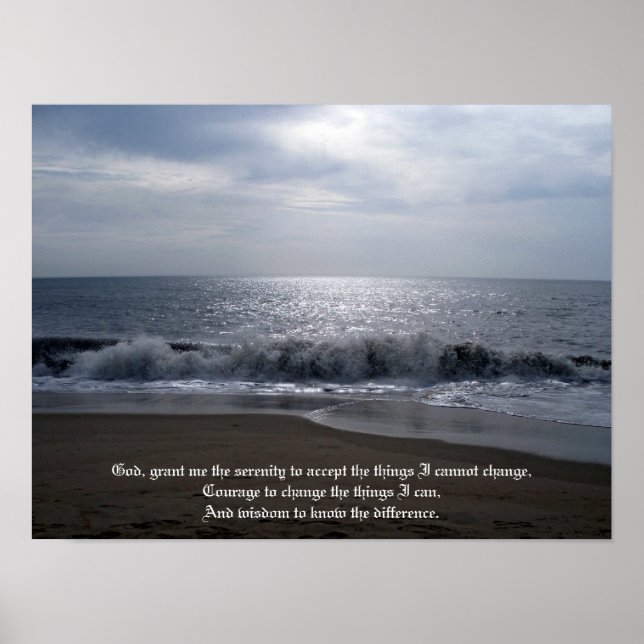Serenity Prayer on Beautiful Beach Photo at Dawn Poster (Front)