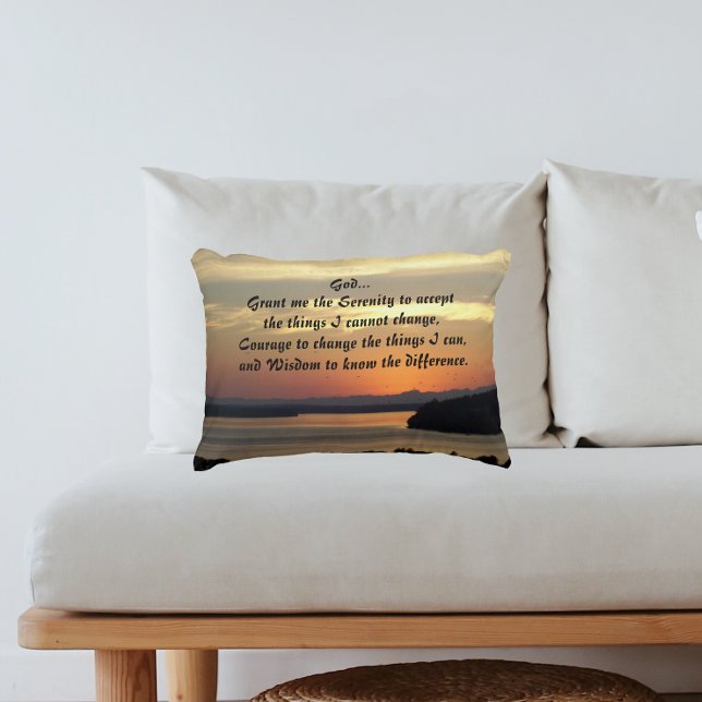 Serenity Prayer Orange Seascape Sunset Decorative Cushion (In Situ)
