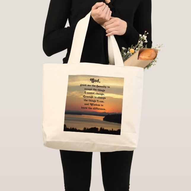 Serenity Prayer Orange Seascape Sunset Photo Large Tote Bag (Front (Product))