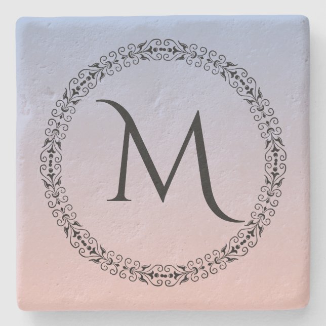 Serenity Rose Quartz Blue Pink Ombre Monogram Stone Coaster (Front)