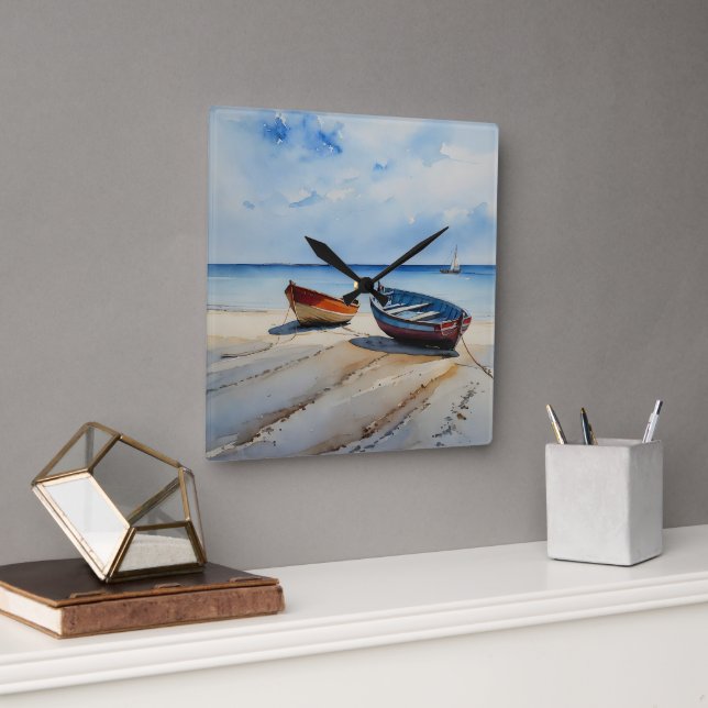 "Serenity Shores" A Restful Watercolour Seascape Square Wall Clock (Office)