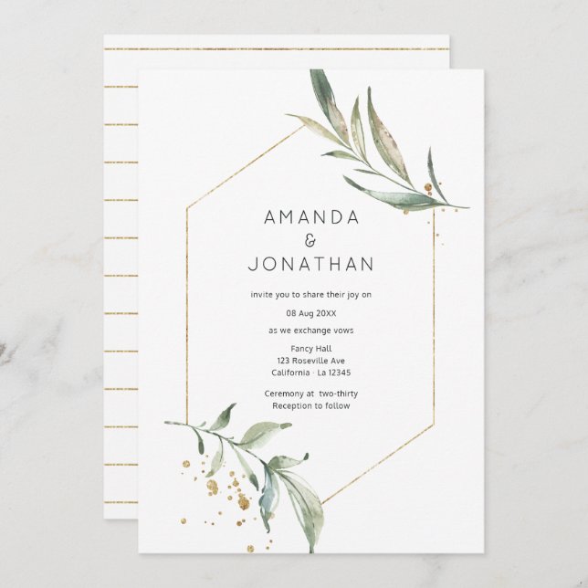 Serenity Simplistic Greenery Geometric Wedding Invitation (Front/Back)