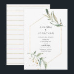 Serenity Simplistic Greenery Geometric Wedding Invitation<br><div class="desc">Watercolor floral greenery wedding invitation in pastel shades with gold geometric frame customisable to your event specifics.</div>