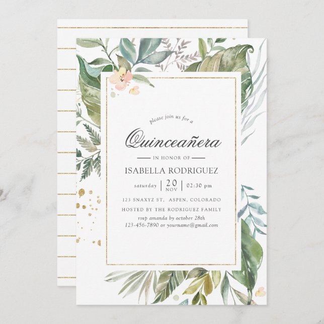 Serenity Watercolor Greenery Geometric Quinceañera Invitation (Front/Back)