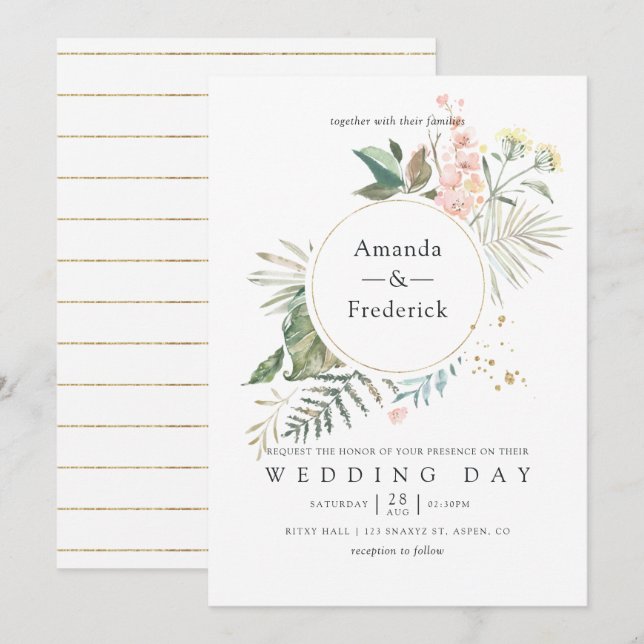 Serenity Watercolor Greenery Geometric Wedding Invitation (Front/Back)