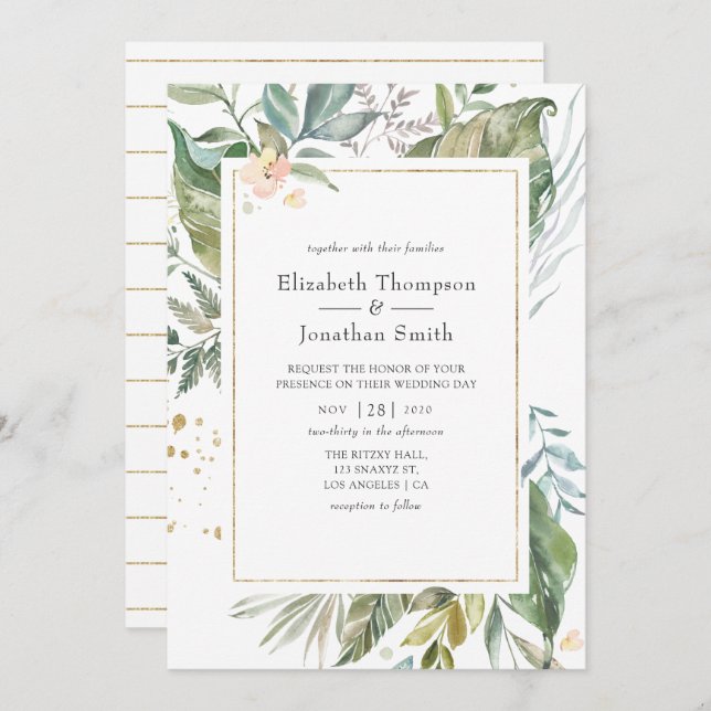 Serenity Watercolor Greenery Geometric Wedding Invitation (Front/Back)