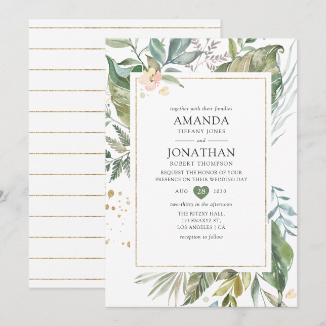 Serenity Watercolor Greenery Geometric Wedding Invitation (Front/Back)