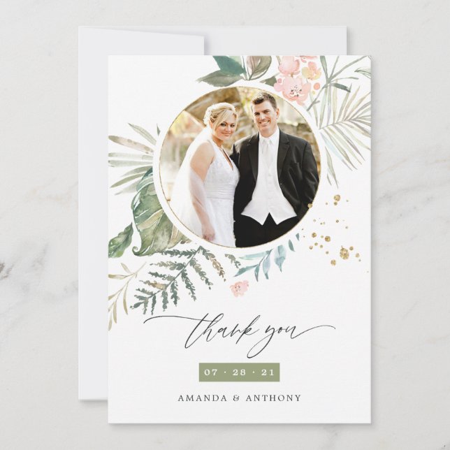 Serenity Watercolor Greenery Geometric Wedding Thank You Card (Front)