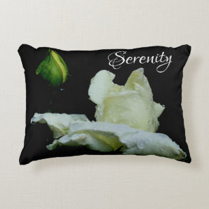 Serenity White Rosebud Inspirational Words  Decorative Cushion