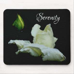 Serenity White Rosebud Inspirational Words Mouse Mat