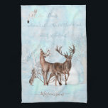 Serenity Winter Wonderland cute hare Deer custom  Tea Towel<br><div class="desc">Beautiful, Winter theme, pale blue, grayish, white pattern kitchen towel, featuring cute deer, weasel and rabbit illustration among snowy bushes and trees in the centre and custom text at the top and bottom parts. Easily amend or delete any of the texts by clicking on the Personalise button. Looks adorable in...</div>