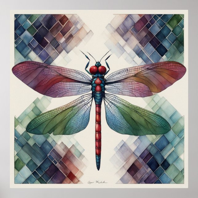 Serenity's Flight: Geometric Elegance Dragonfly   Poster (Front)