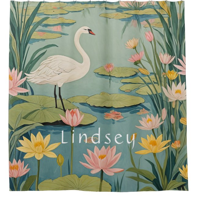 Serenity's Grace: Lily Pond Swan Shower Curtain (Front)