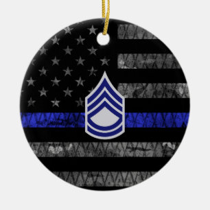 Sergeant First Class Thin Blue Line Distressed Fla Ceramic Tree Decoration
