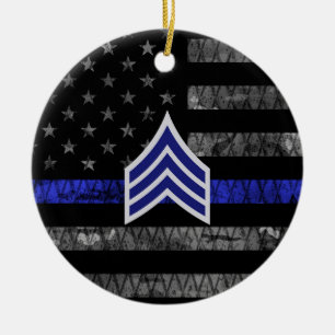 Sergeant Stripes Thin Blue Line Distressed Flag Ceramic Tree Decoration