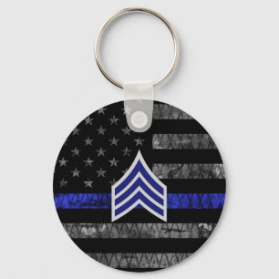Sergeant Stripes Thin Blue Line Distressed Flag Key Ring