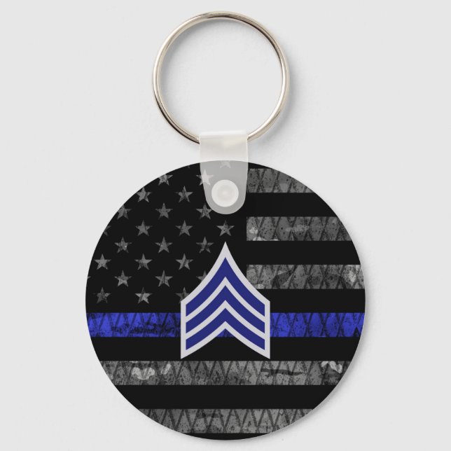 Sergeant Stripes Thin Blue Line Distressed Flag Key Ring (Front)