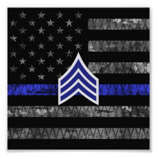 Sergeant Stripes Thin Blue Line Distressed Flag Photo Print