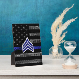 Sergeant Stripes Thin Blue Line Distressed Flag Plaque