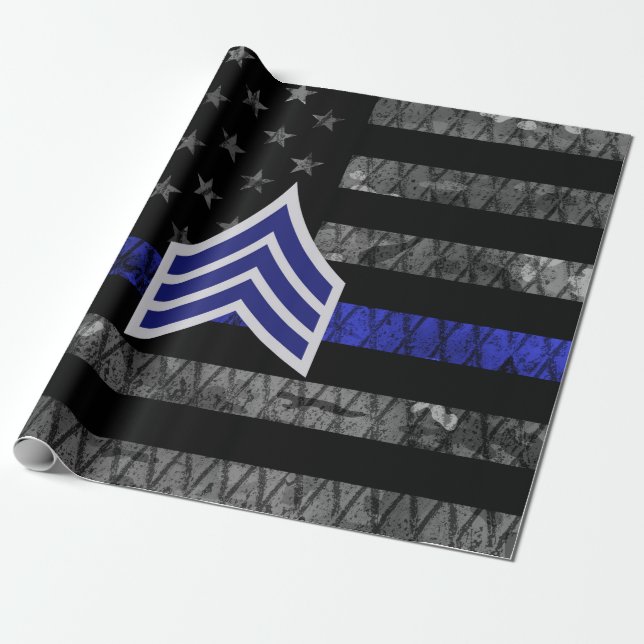 Sergeant Stripes Thin Blue Line Distressed Flag Wrapping Paper (Unrolled)