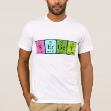 Shirt featuring the name Sergey spelled out in symbols of the chemical elements
