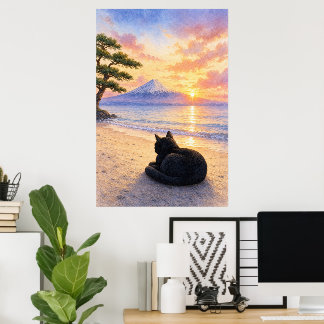 series_1_10|Resting Black Cat Mt Fuji Art Poster