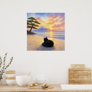 series_1_10|Square Resting Black Cat Mt Fuji Art Poster