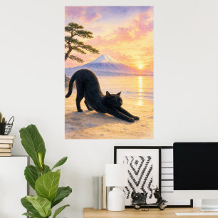 series_1_2|Stretching Black Cat Mt Fuji Art Poster