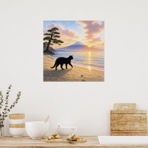 series_1_3｜Square Walking Black Cat Mt Fuji Art Poster