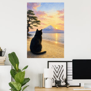 series_1_4|Peaceful Black Cat Mt Fuji Art Poster