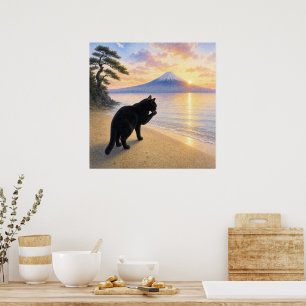 series_1_9|Square Morning Black Cat Mt Fuji Art Poster