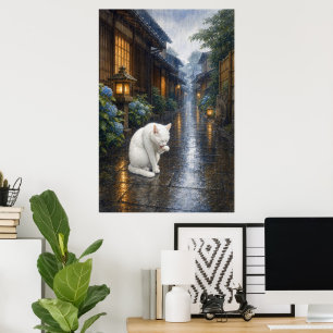 series_2_4|Grooming White Cat Rainy Kyoto Japanese Poster