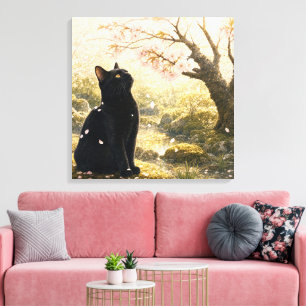 series_4_1｜Sakura Black Cat Square Japanese Art Canvas Print