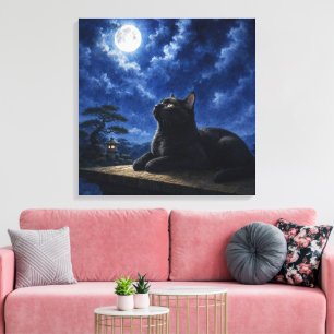 series_4_8|Full Moon Night Cat Square Japanese Art Canvas Print