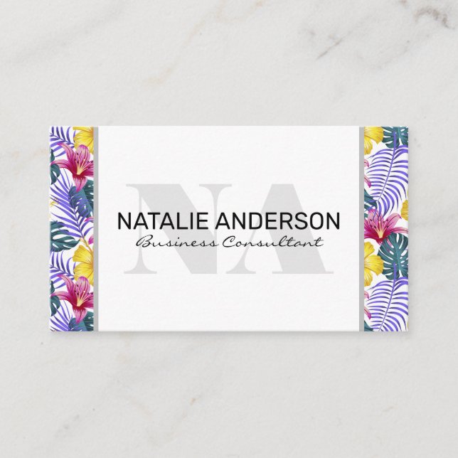 Serif Monogram | Colourful Palm Trees Leaves Business Card (Front)
