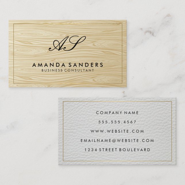Serif Monogram | Wood and Leather Business Card (Front/Back)