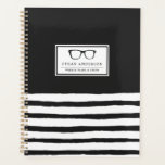 Serious Spectacles | Weekly Plans & Stuff Planner<br><div class="desc">Keep your mind organised with this funny and lighthearted striped planner.  It features a pair of retro spectacle glasses followed by your name in a classic font underneath. Surrounding this are stylised black and white stripes to offset the retro look.</div>